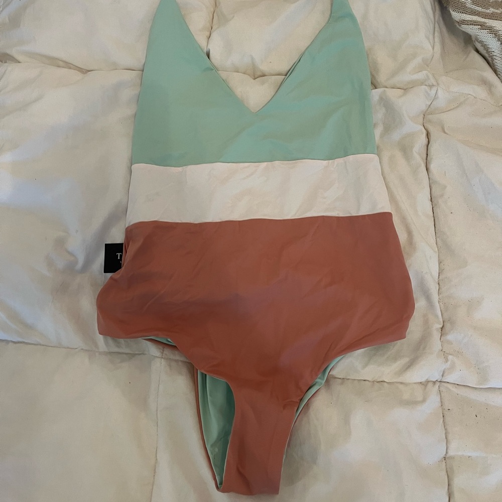 Tavik Chase Reversible Color Block Halter One Piece - mint, white, and pink
